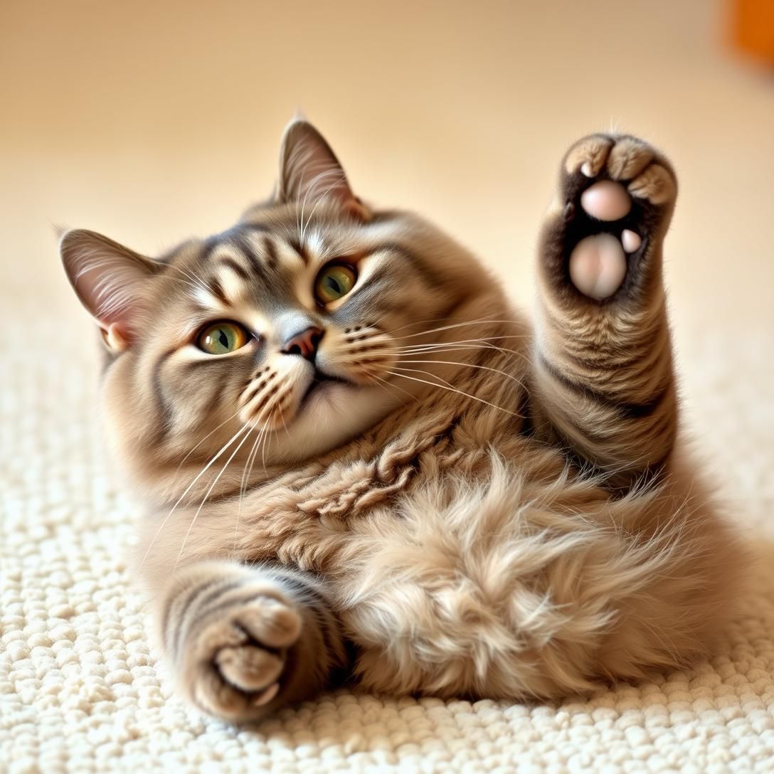 British Shorthair cat with round face and copper eyes lying on back with paws up, playful mood, soft carpet background, adorable belly visible, warm indoor lighting, high quality