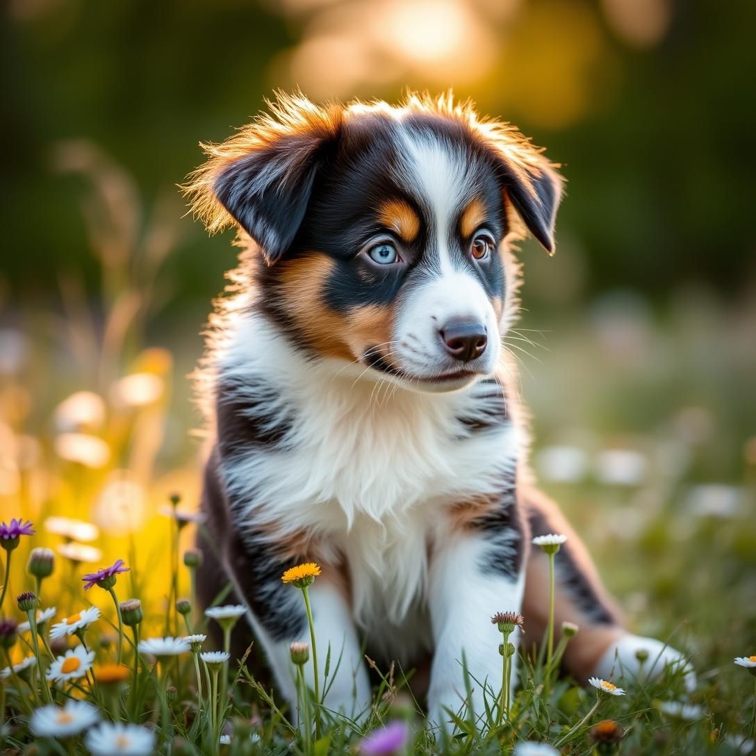 Australian Shepherd puppy with heterochromia (two different colored eyes) one blue one brown, merle coat pattern, sitting in wildflower field, stunning unique features, golden hour lighting