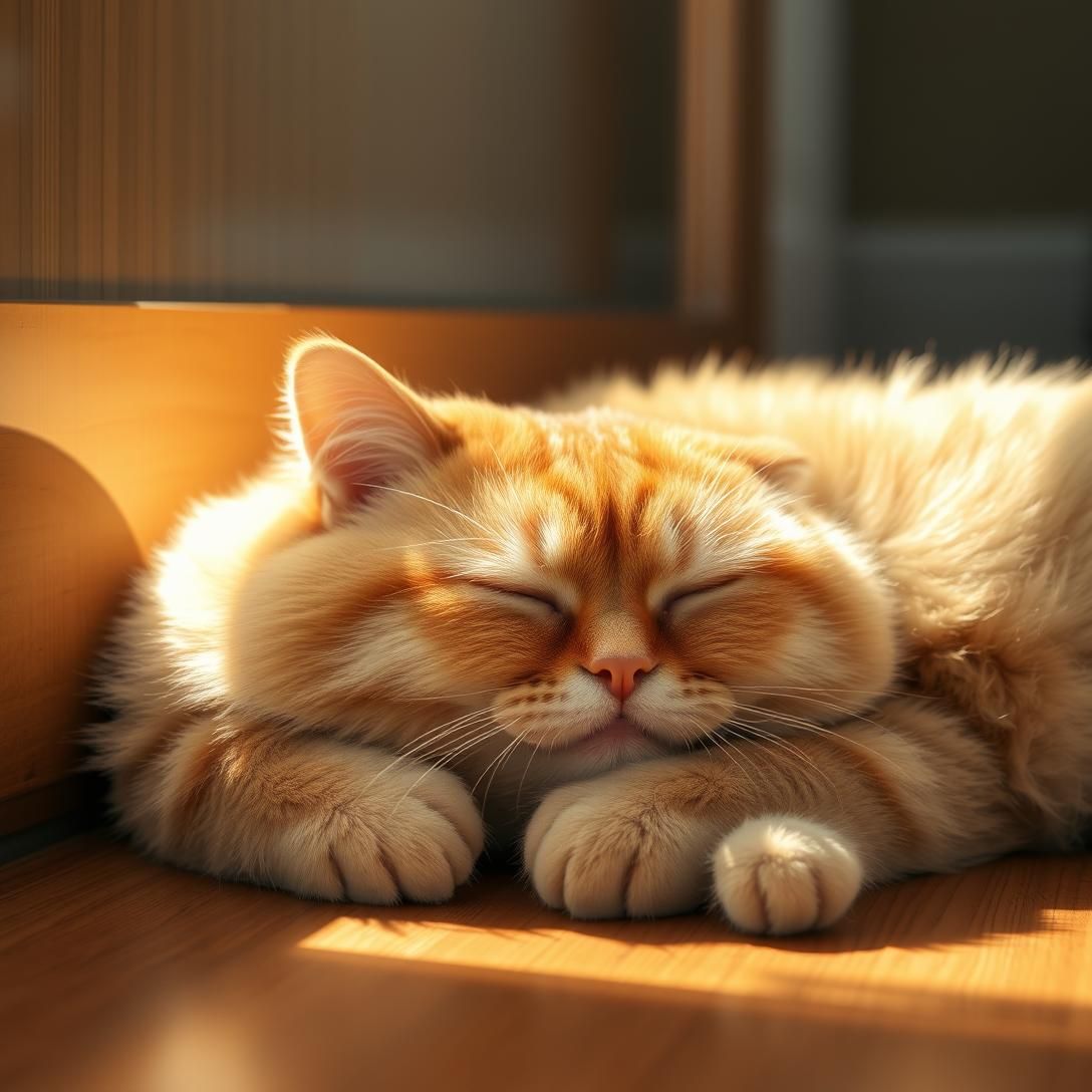Chubby orange cat sleeping in a sunbeam on hardwood floor, content expression, dust particles visible in light ray, peaceful scene, warm afternoon lighting, photorealistic style