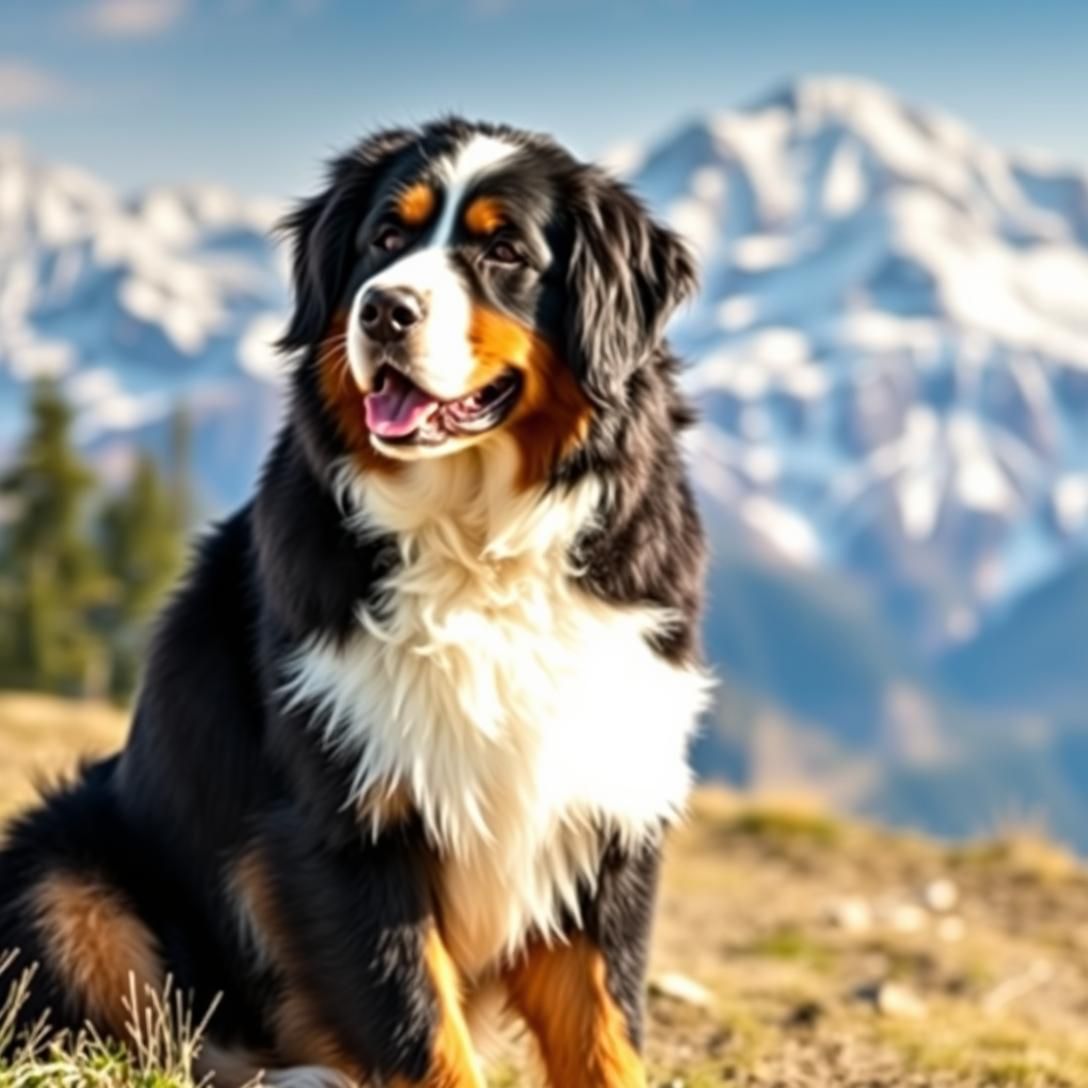 Bernese Mountain Dog in alpine mountain setting, sitting proudly with snow-capped peaks in background, thick tricolor coat, majestic landscape, crisp natural lighting, professional photography