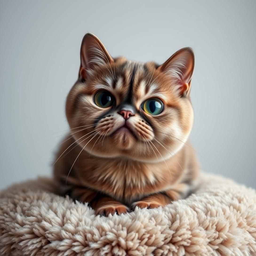 Exotic Shorthair cat (flat-faced) with big round eyes and grumpy expression, sitting on plush cushion, humorous portrait, soft studio lighting, photorealistic texture, ultra detailed