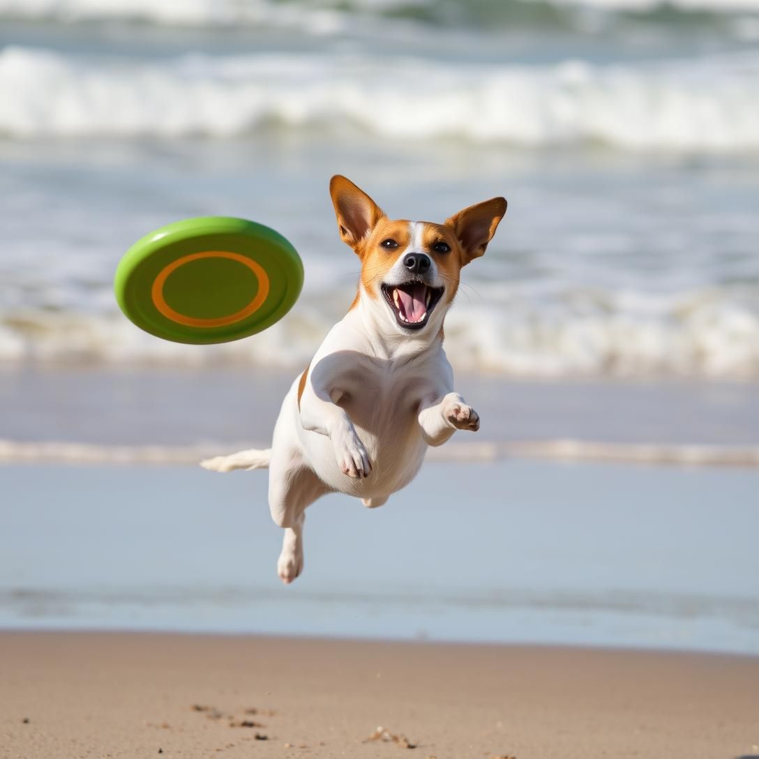 Jack Russell Terrier mid-air catching a frisbee, athletic action shot, beach background with waves, dynamic movement, bright sunny day, professional sports photography style, frozen motion
