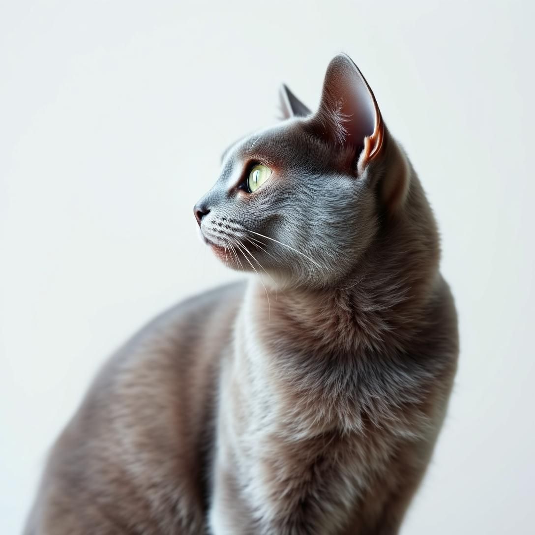 Russian Blue cat with silvery-blue coat and green eyes in profile, minimalist white background, elegant pose, studio lighting highlighting coat sheen, sophisticated portrait, 8k quality