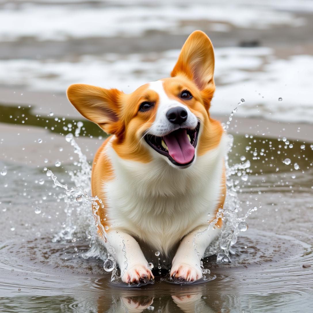 Pembroke Welsh Corgi splashing through a puddle, water droplets frozen mid-air, joyful expression with tongue out, action photography, overcast day lighting, playful energy, high detail