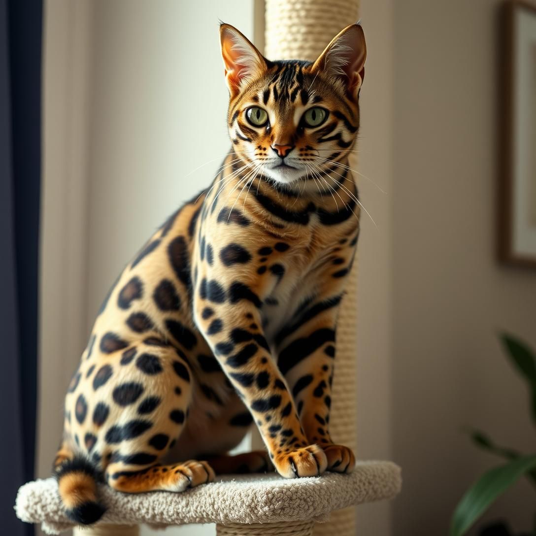 Bengal cat with spotted leopard-like coat pattern climbing up cat tree, muscular athletic build, active pose, natural indoor lighting, wild appearance, photorealistic detail