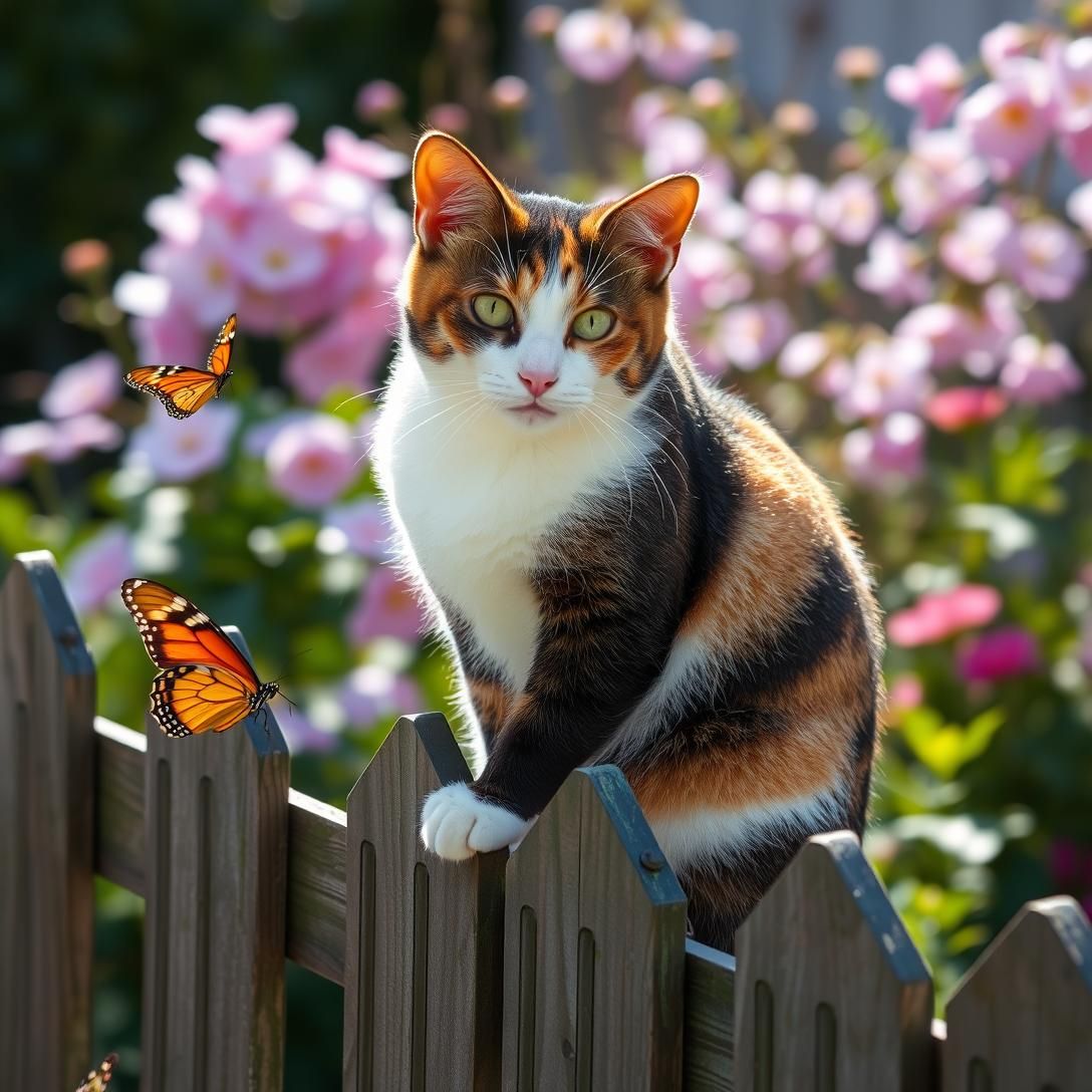 Calico cat with tri-colored patches sitting on garden fence, butterfly nearby, spring garden background with blooms, natural sunlight, whimsical scene, professional photography