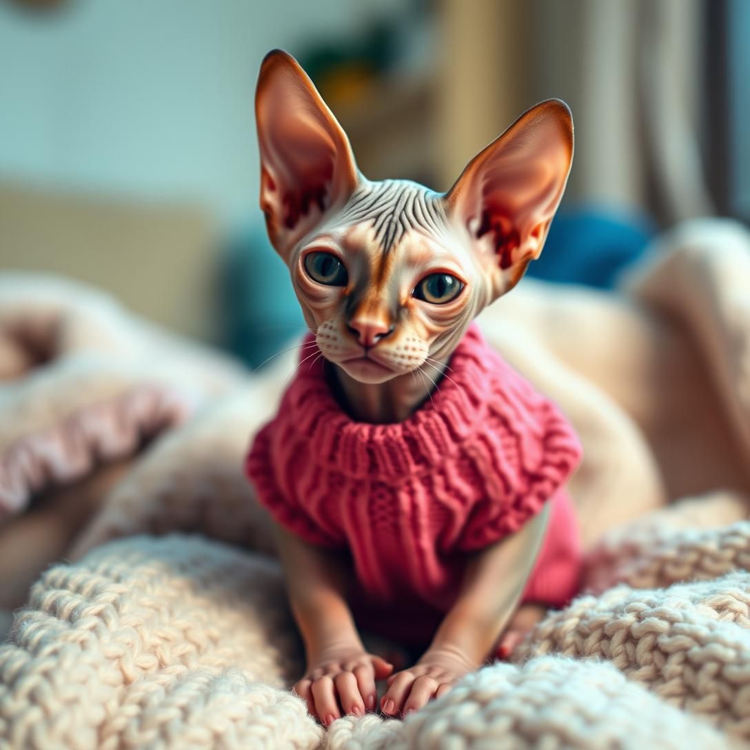 Sphynx cat wearing a tiny sweater, sitting on cozy blanket, wrinkly skin visible, sweet expression, warm indoor lighting, adorable and unique, photorealistic portrait