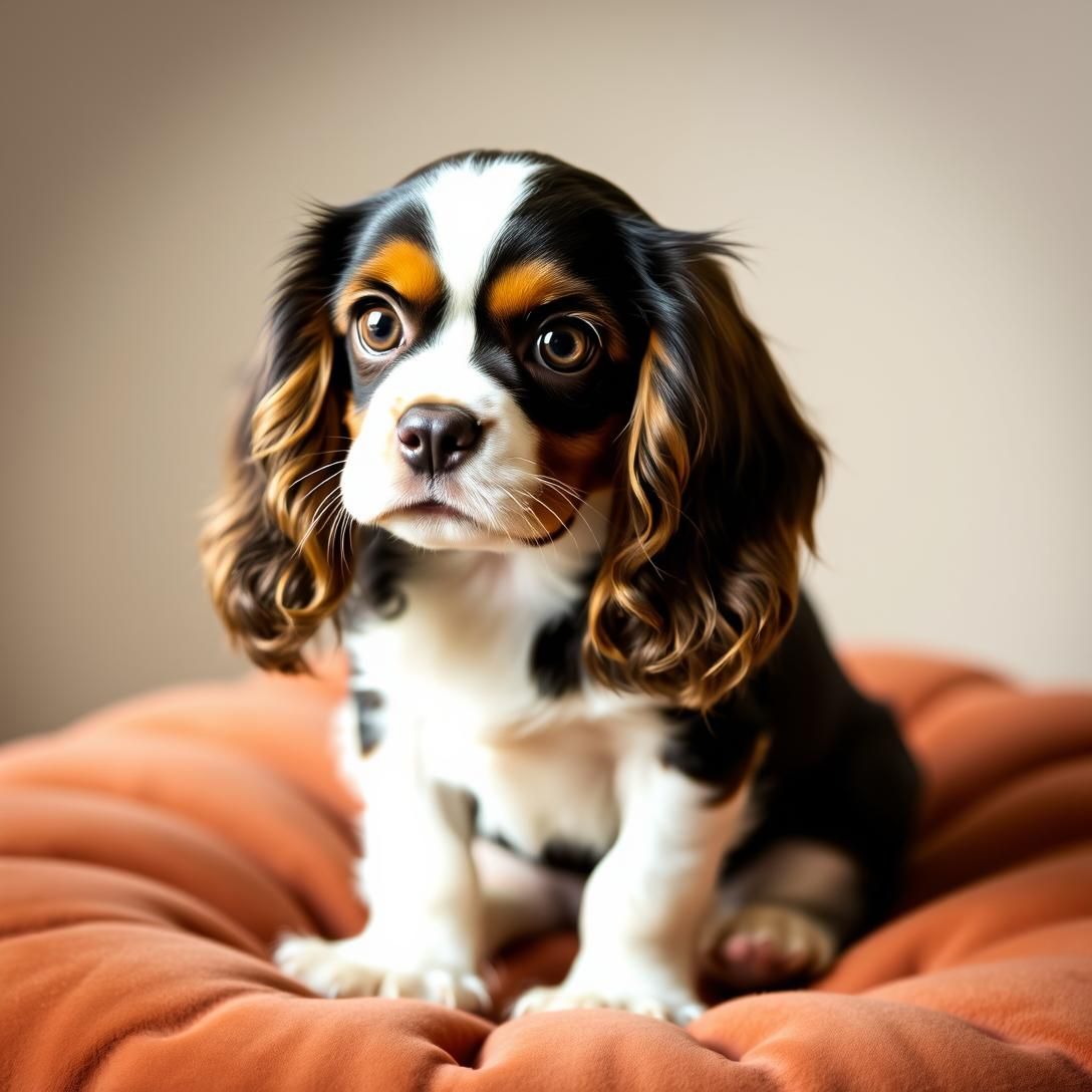 Cavalier King Charles Spaniel puppy with long silky ears and big brown eyes, sitting on velvet cushion, regal but sweet expression, soft portrait lighting, extremely endearing
