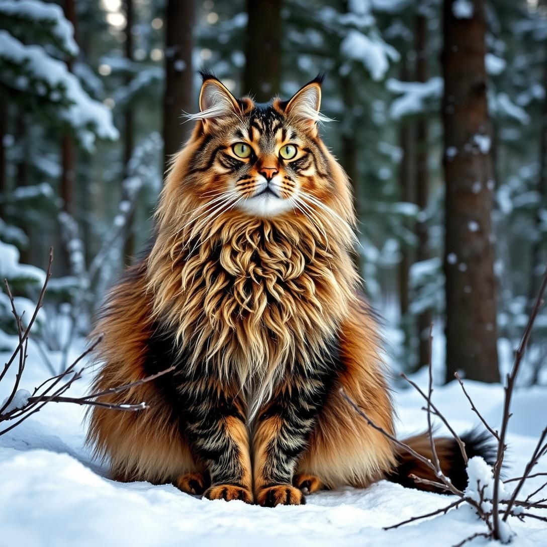 Norwegian Forest Cat with long luxurious fur sitting in snow-covered pine forest, majestic winter coat, natural habitat, cold weather scene, dramatic natural lighting, wild beauty