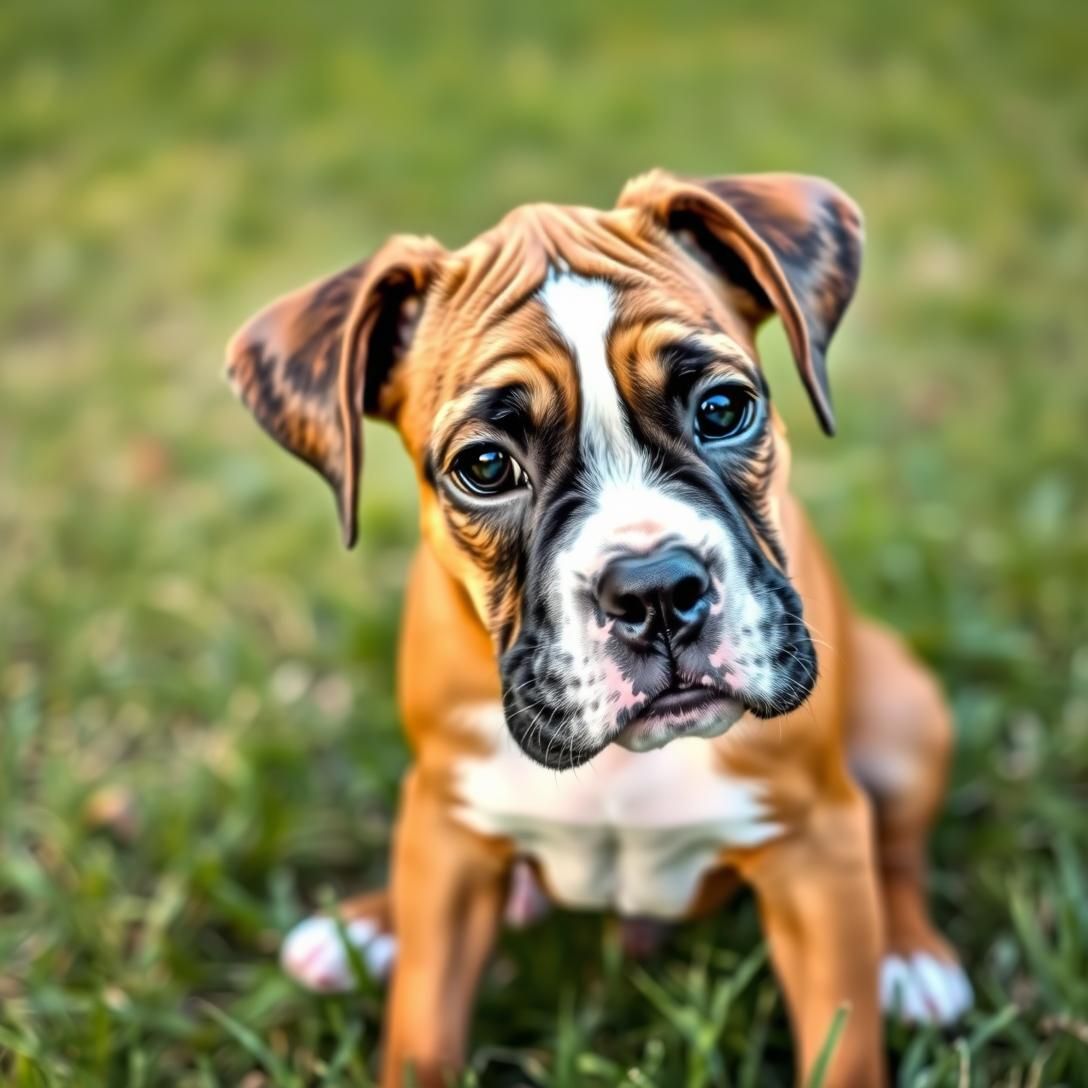 Boxer puppy with wrinkled forehead and underbite, head tilted in confusion, sitting on grass, humorous expression, natural outdoor lighting, adorable and goofy, high detail