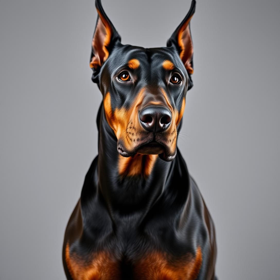 Doberman Pinscher in alert stance, muscular build visible, professional working dog portrait, dramatic lighting, powerful presence, sleek black and tan coat, 8k quality, serious expression