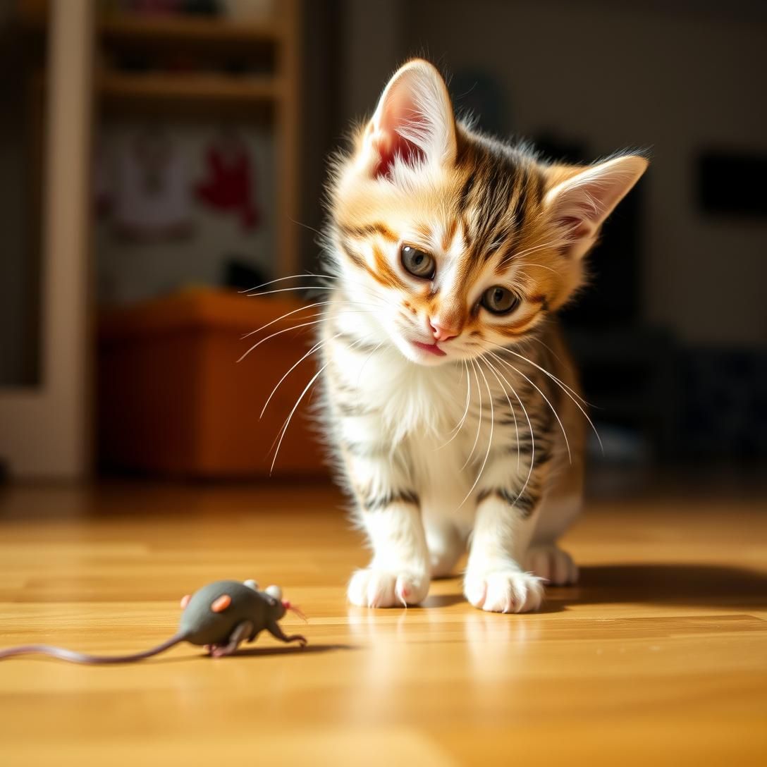 Munchkin cat with characteristically short legs playing with toy mouse, unique proportions, playful scene, bright indoor lighting, adorable and energetic, professional pet photography