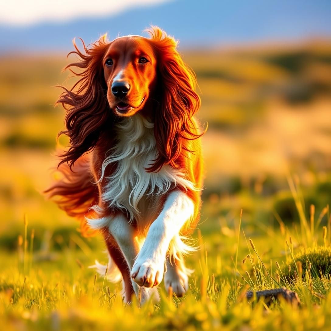 Irish Setter with flowing red coat running through meadow, ears and fur flowing in wind, elegant movement, sunset golden hour lighting, natural beauty, action photography, stunning colors