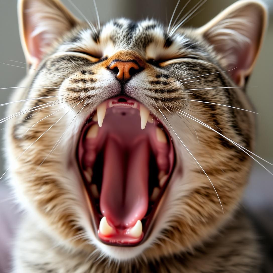 Gray tabby cat yawning big with mouth wide open showing teeth, humorous timing, close-up portrait, natural lighting, funny and relatable, photorealistic detail, whiskers visible