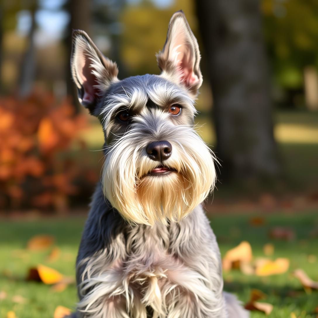 Miniature Schnauzer with distinctive beard and eyebrows, alert expression, sitting in autumn park, characteristic grey coat, natural fall lighting, adorable groomed appearance