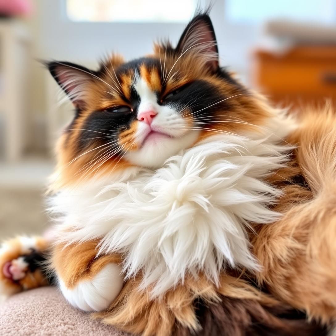 Ragamuffin cat with extremely plush multicolored coat lying on back in relaxed pose, soft fluffy appearance, warm indoor lighting, peaceful and content, ultra-detailed fur texture