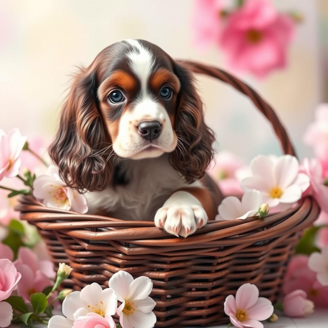 Cocker Spaniel puppy with long wavy ears, sitting in flower basket, adorable setting, soft pastel colors, spring theme, dreamy lighting, extremely cute, professional photography