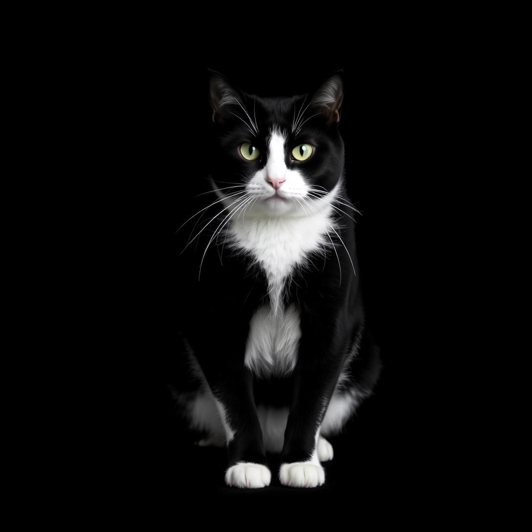 Black and white Tuxedo cat sitting formally with white chest and paws, dignified pose, dark background, elegant contrast, dramatic studio lighting, sophisticated portrait, high quality