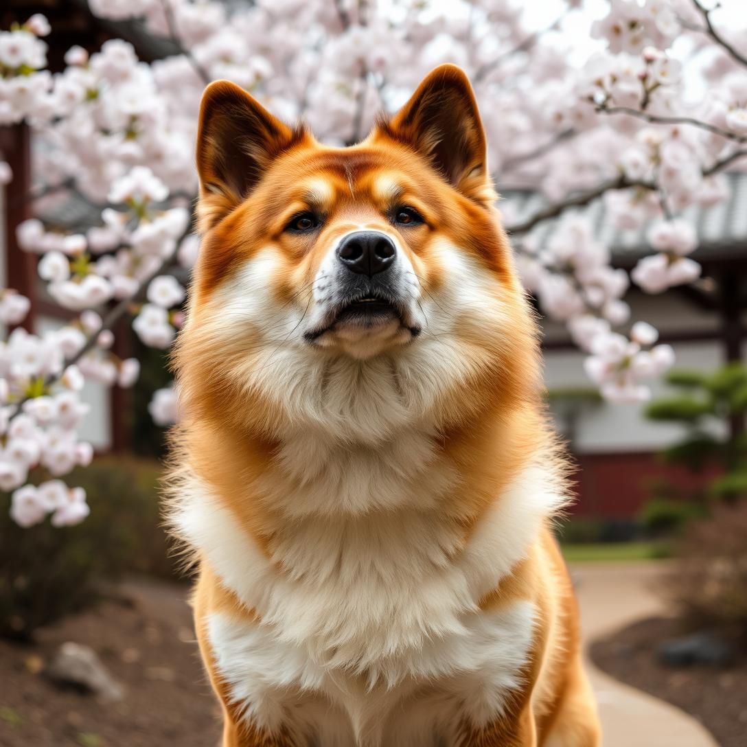 Akita dog with thick double coat standing in Japanese garden, cherry blossoms, traditional setting, noble expression, natural diffused lighting, majestic presence, cultural aesthetic