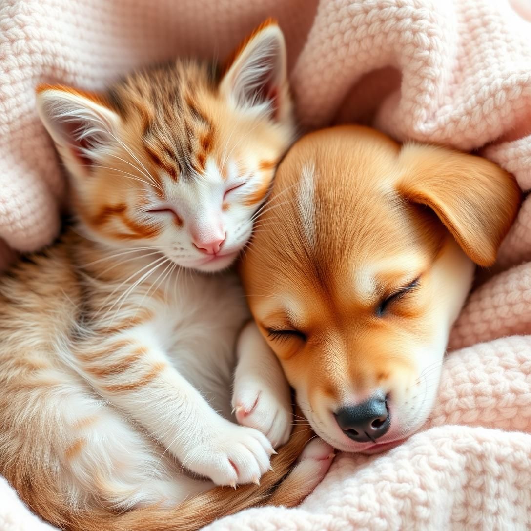 Kitten and puppy cuddling together sleeping, interspecies friendship, adorable duo, soft blanket, warm lighting, heartwarming scene, professional pet photography, extremely endearing