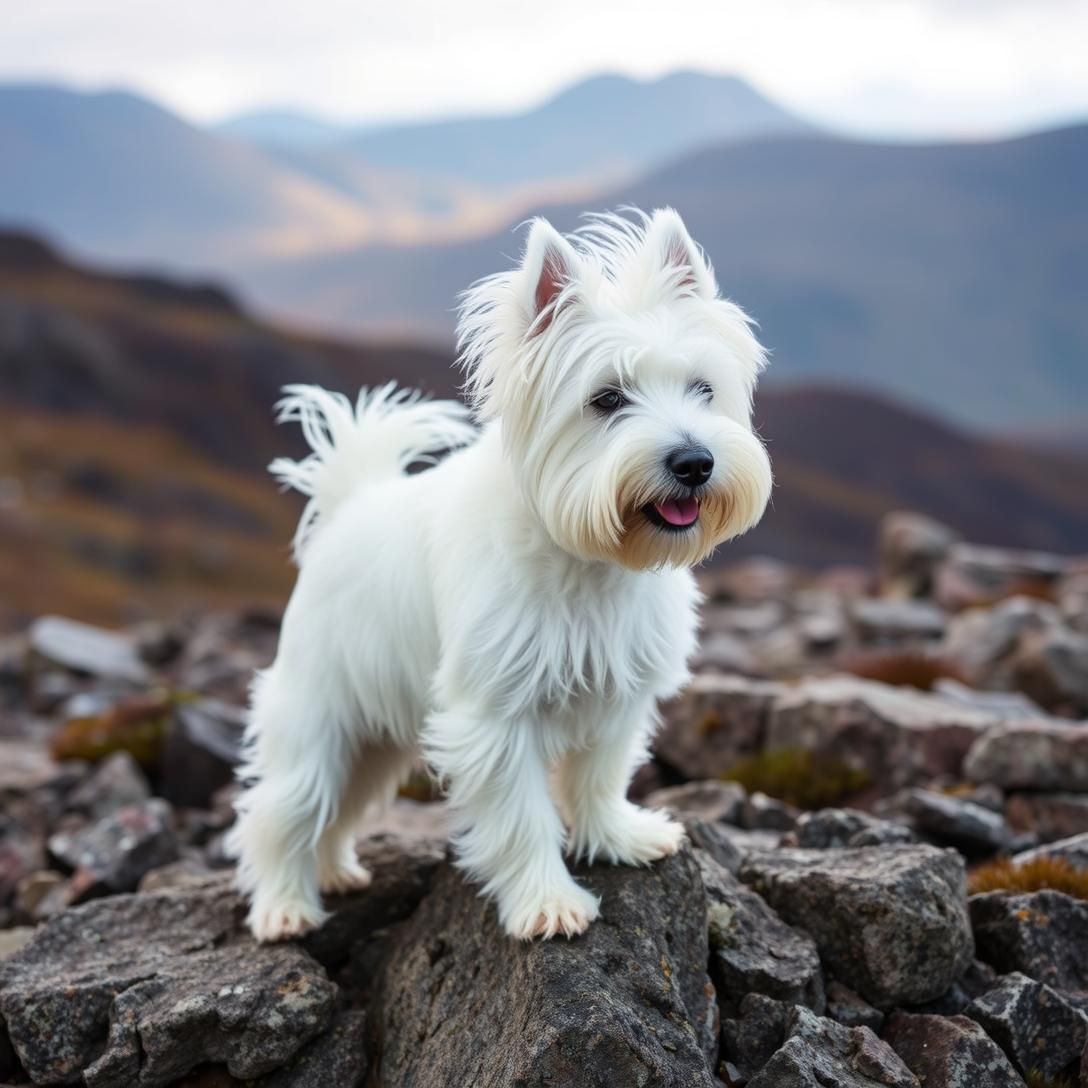 West Highland White Terrier (Westie) on rocky highland landscape, wind blowing white fur, Scottish highlands background, natural rugged beauty, dramatic lighting, adventurous spirit