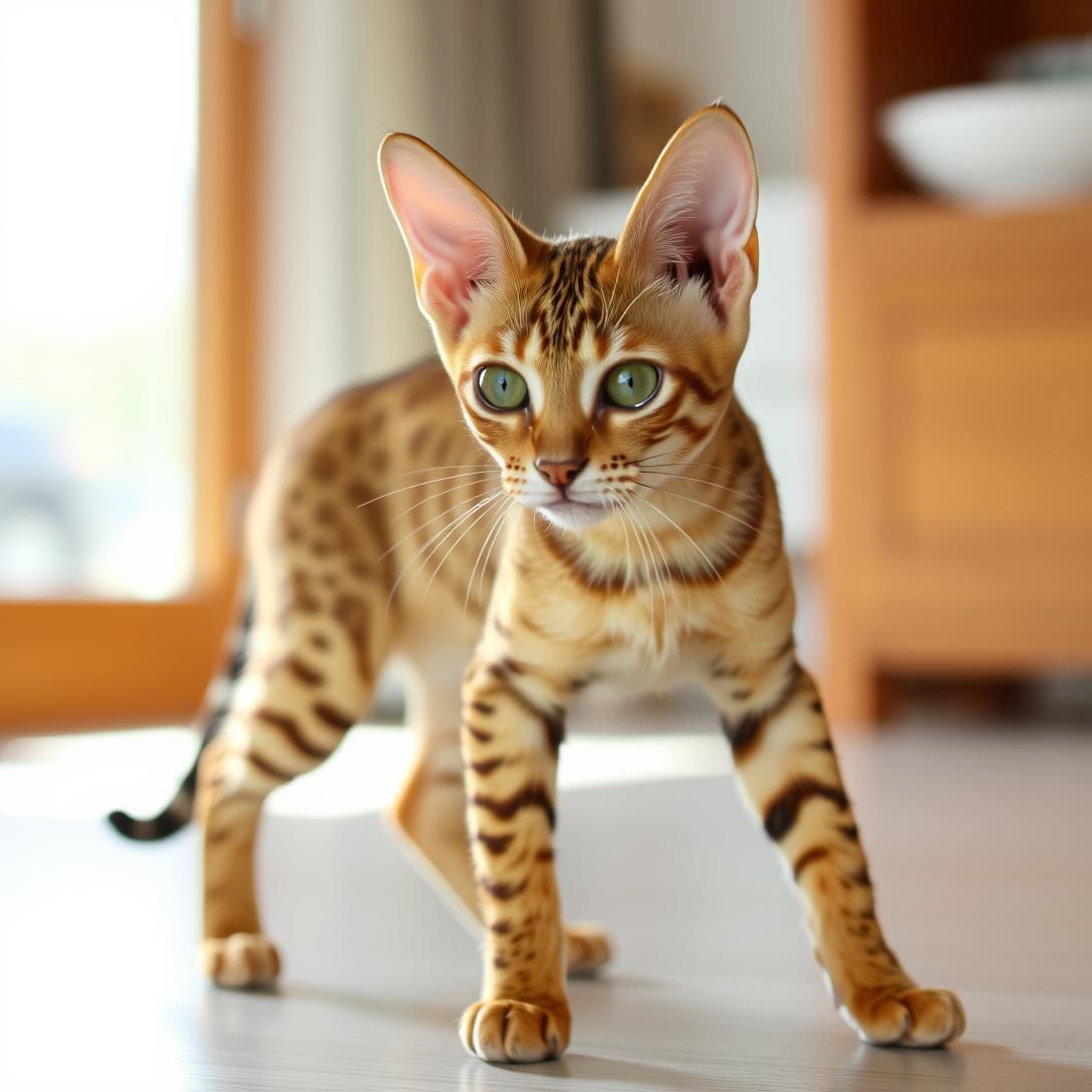 Abyssinian cat with ticked coat pattern and large ears in active pose, athletic build, warm reddish-brown coloring, bright indoor lighting, alert expression, photorealistic detail