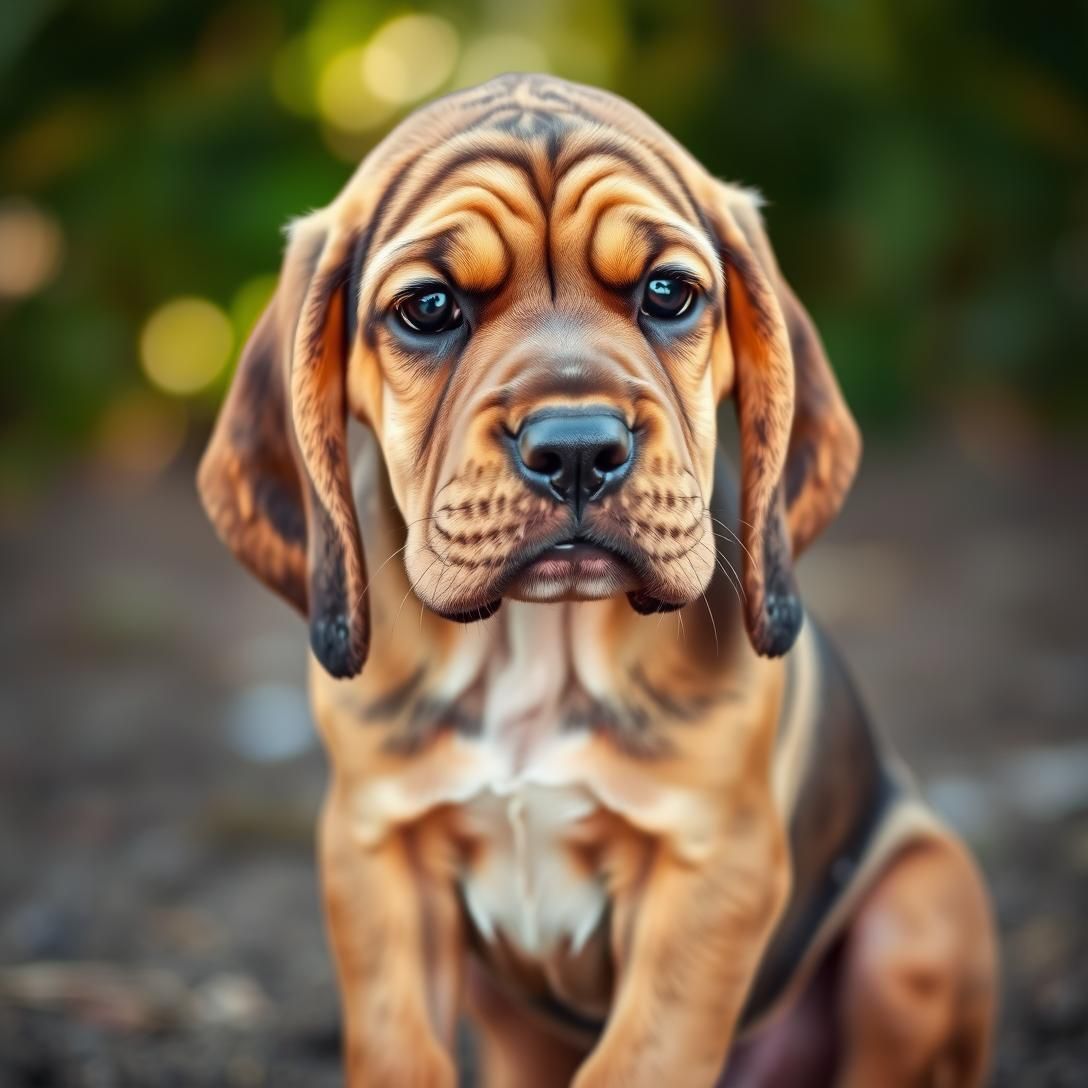 Bloodhound puppy with droopy ears and wrinkled skin, sitting with sad puppy eyes expression, endearing look, natural outdoor lighting, extremely adorable, professional portrait