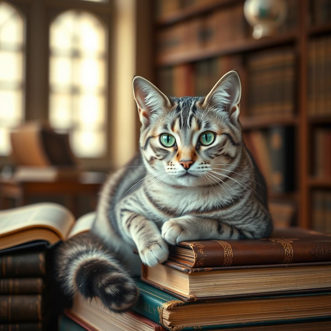 Silver tabby cat with green eyes sitting on old vintage books, scholarly aesthetic, warm library lighting, contemplative pose, artistic composition, photorealistic style, intellectual vibe
