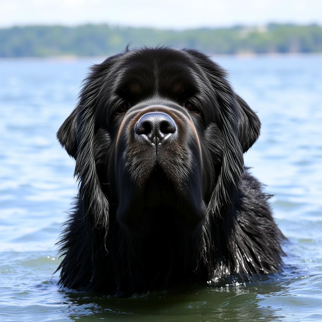 Newfoundland dog emerging from water with dripping wet fur, massive size visible, black coat, lake background, summer day, natural action photography, gentle giant, powerful swimmer