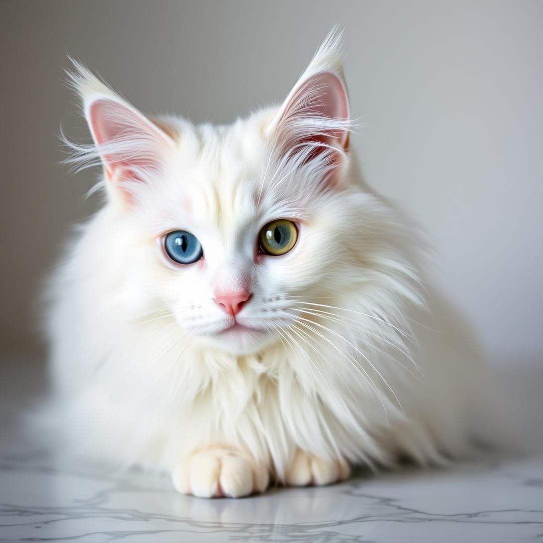 White Turkish Angora cat with one blue eye and one amber eye (heterochromia), long silky fur, sitting on marble surface, ethereal beauty, soft lighting, stunning portrait, 8k quality