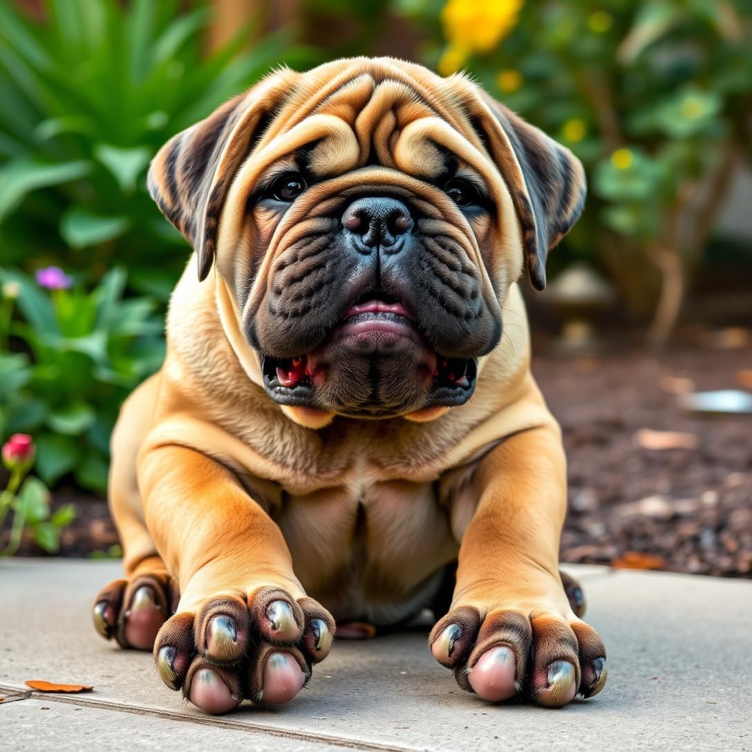 Bullmastiff puppy with wrinkled face trying to look fierce but failing adorably, sitting pose, outdoor garden setting, humorous expression, natural lighting, big paws visible