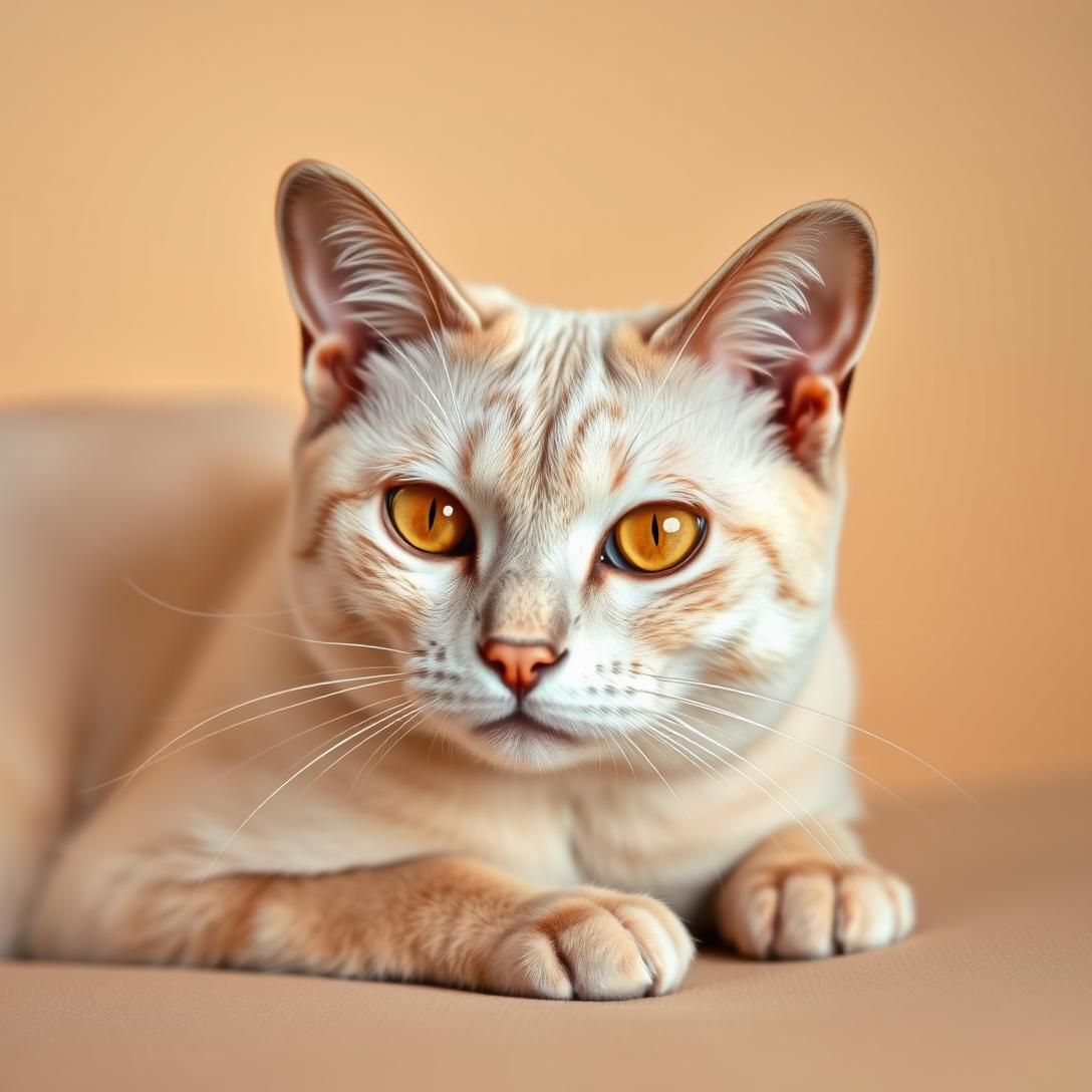 Cream colored Burmese cat with golden eyes in elegant resting pose, sleek coat, warm beige background, soft portrait lighting, sophisticated and refined, photorealistic quality
