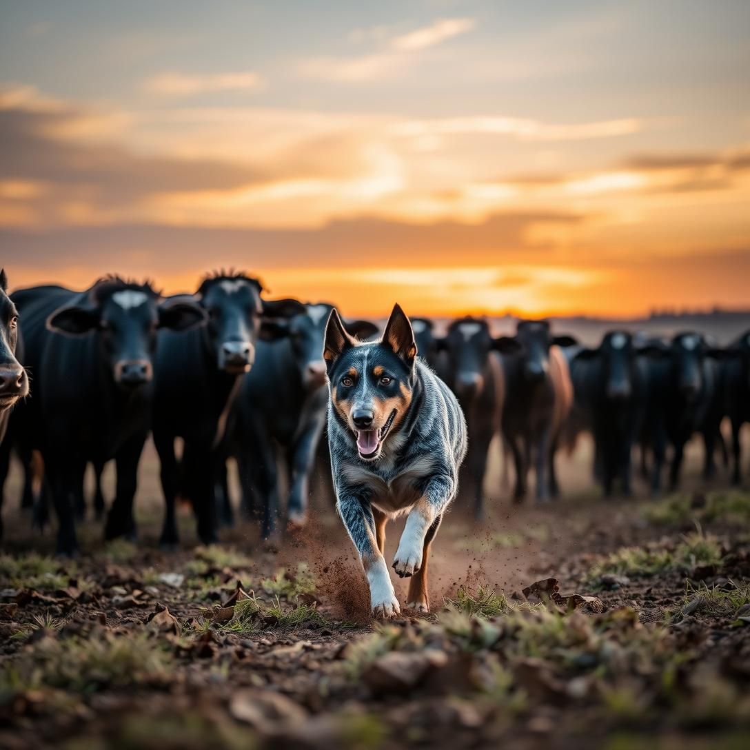 Australian Cattle Dog (Blue Heeler) herding cattle, action shot mid-work, rural farm landscape, intense focus, sunset lighting, dynamic movement, professional working dog photography