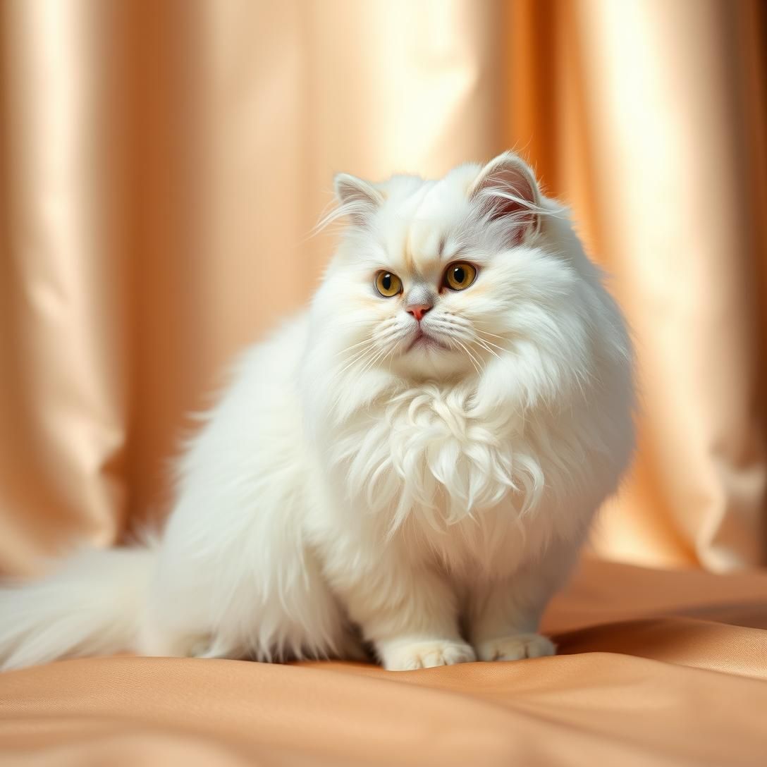 Fluffy white Chinchilla Persian cat with extremely long fur, sitting on silk fabric, luxurious setting, dramatic studio lighting, opulent portrait, ultra-detailed coat texture