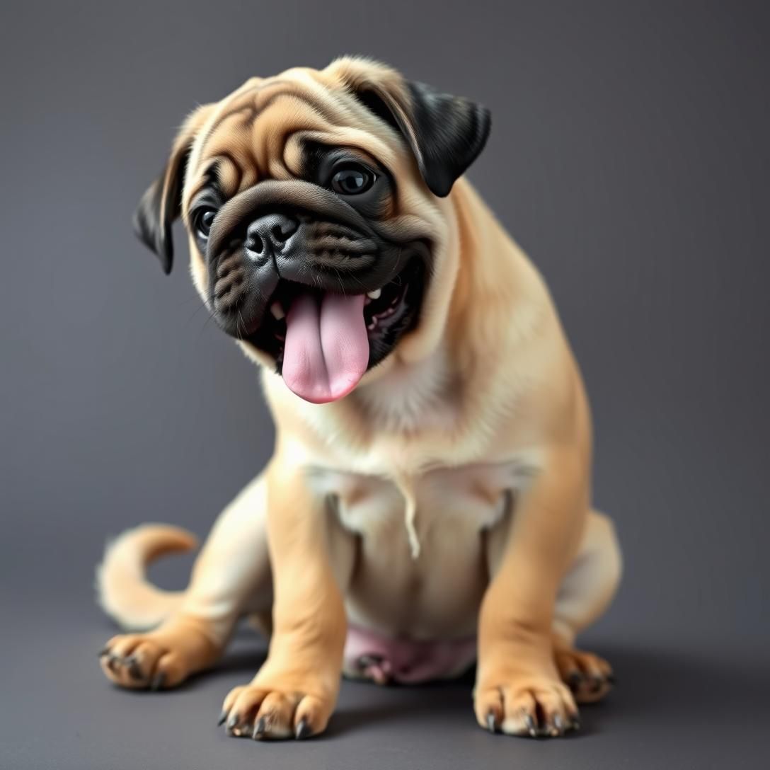 Pug puppy with wrinkled face and curly tail, sitting with tongue out, comical expression, simple background, natural lighting, extremely cute and funny, photorealistic portrait