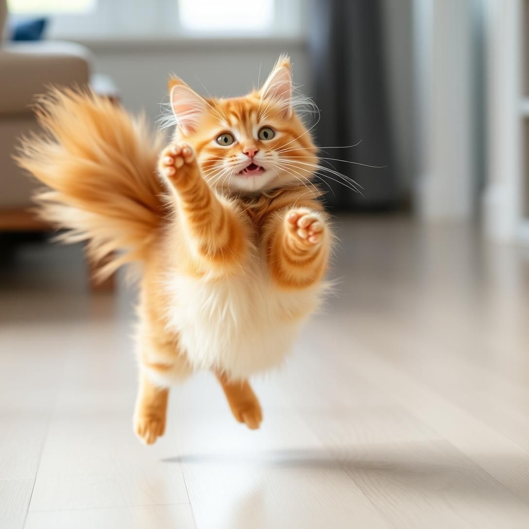 Somali cat with fox-like bushy tail and reddish-orange coat, mid-leap catching toy, action shot, bright indoor setting, athletic and playful, professional pet photography