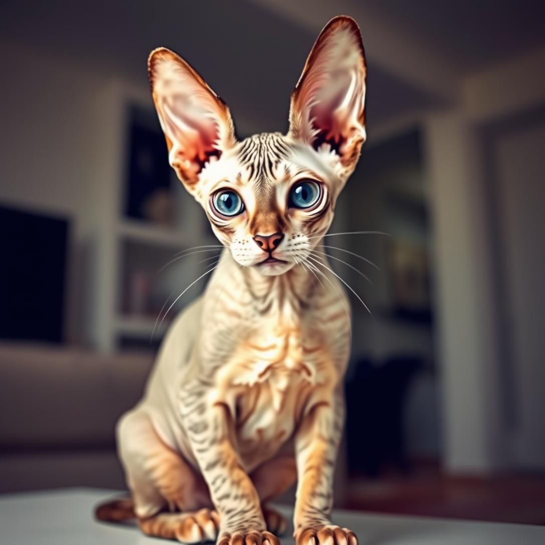 Devon Rex cat with large ears and wavy coat, sitting with curious expression, unique alien-like appearance, modern interior background, soft lighting, distinctive features visible