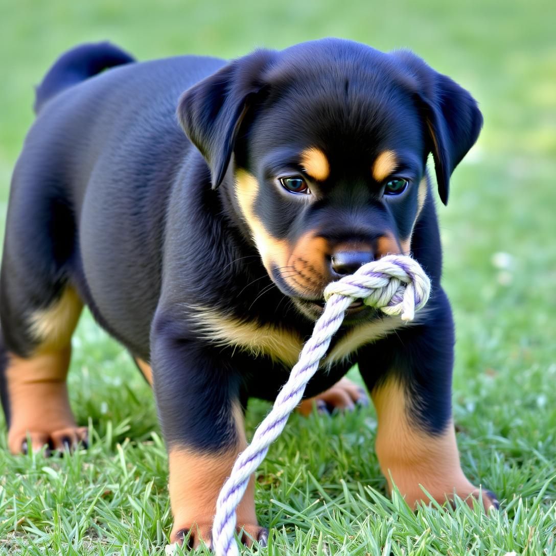 Rottweiler puppy with classic black and tan markings, playing with rope toy, determined expression, outdoor grass setting, natural lighting, powerful build starting to show