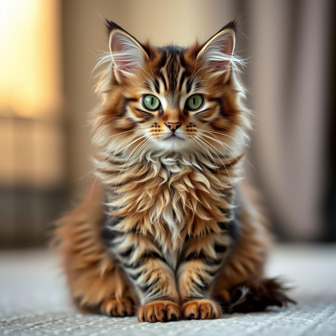 LaPerm cat with distinctive curly wavy coat, sitting pose showing coat texture, unique appearance, warm indoor lighting, professional portrait, photorealistic detail