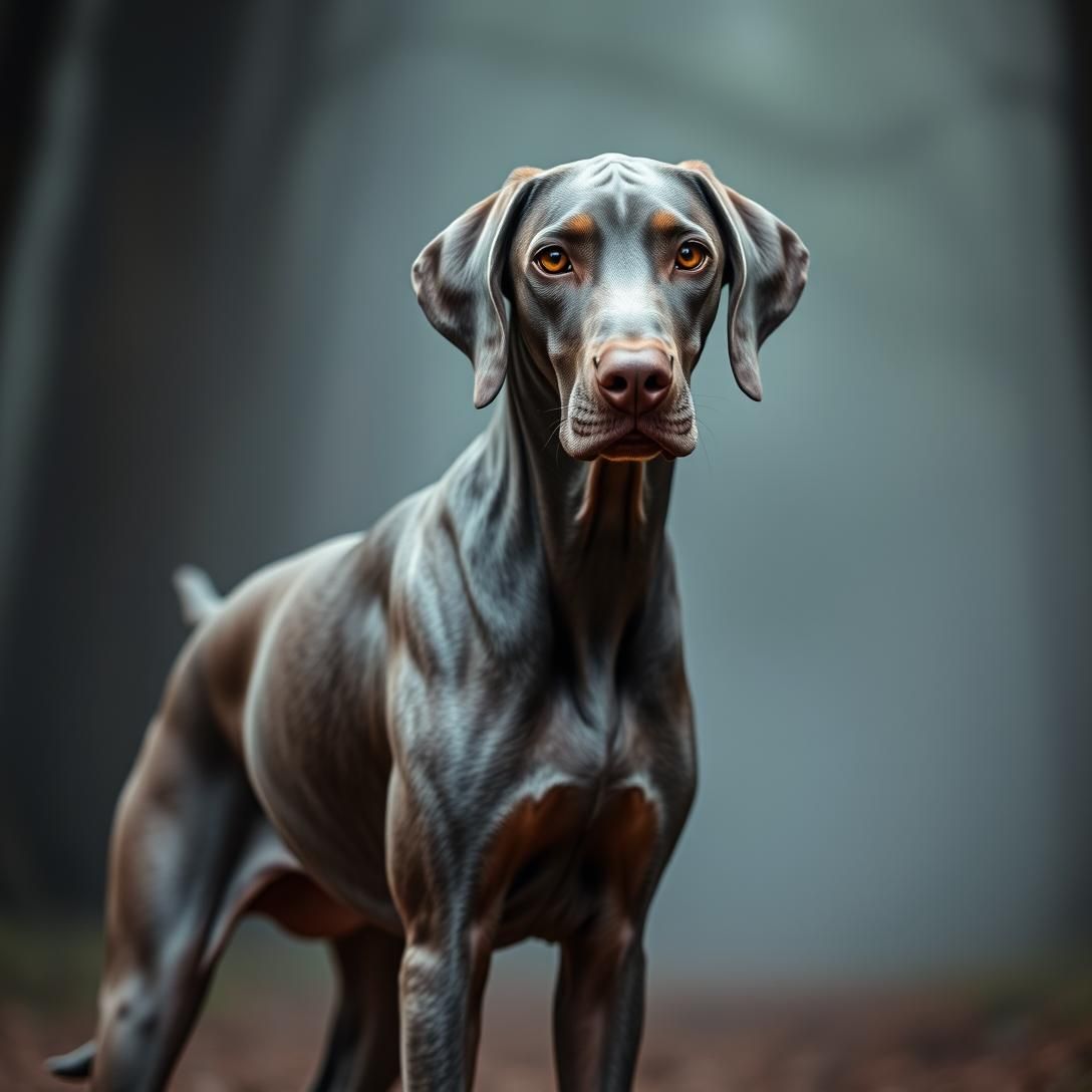 Weimaraner with distinctive grey coat and amber eyes, standing in elegant pose, misty forest background, dramatic natural lighting, sleek athletic build, professional photography