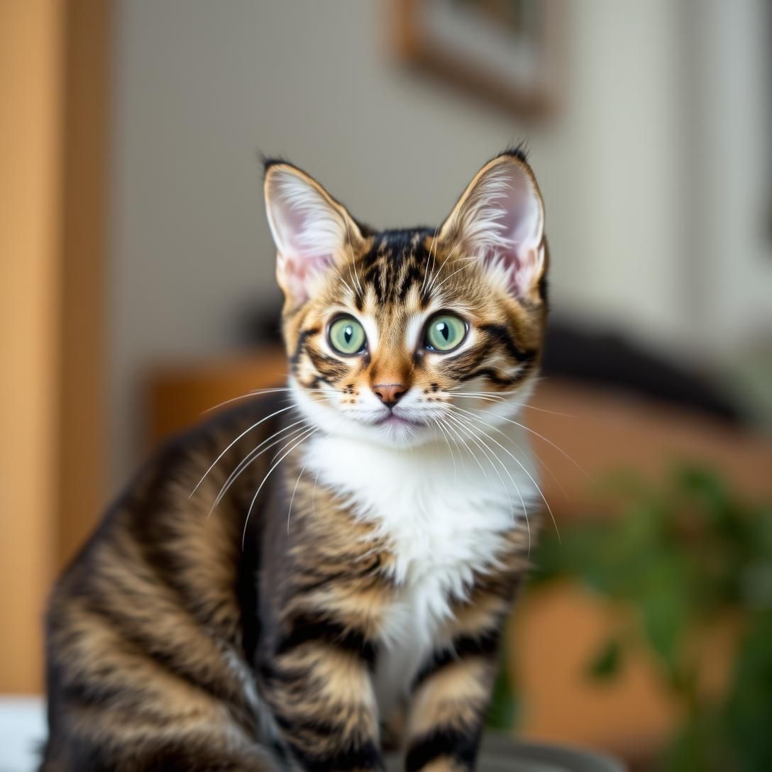 American Curl cat with distinctive curled-back ears, sitting alert, unique ear shape visible, natural indoor setting, curious expression, soft lighting, photorealistic quality