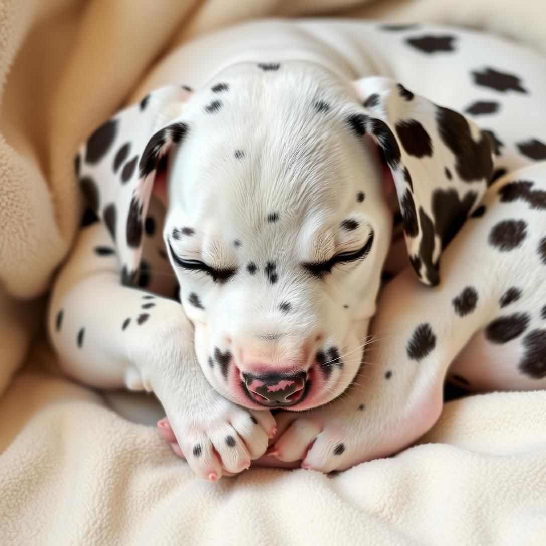 Dalmatian puppy sleeping curled up, spots visible on white coat, peaceful sleeping position, soft blanket, warm lighting, extremely adorable and peaceful, professional pet portrait