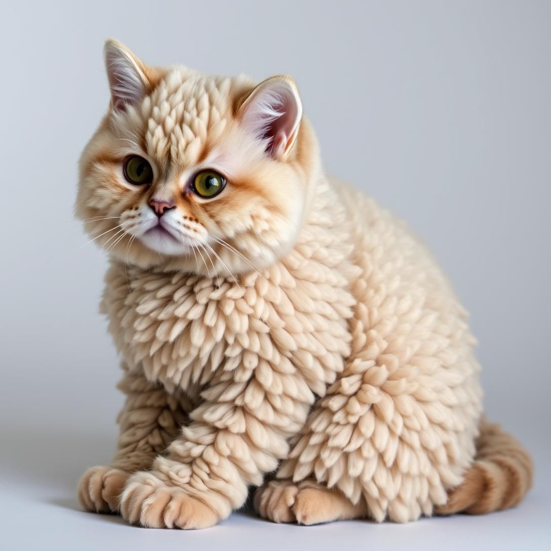 Selkirk Rex cat with curly teddy-bear coat, round face, sitting pose showing coat texture, unique plush appearance, soft lighting, extremely cuddly looking, high detail