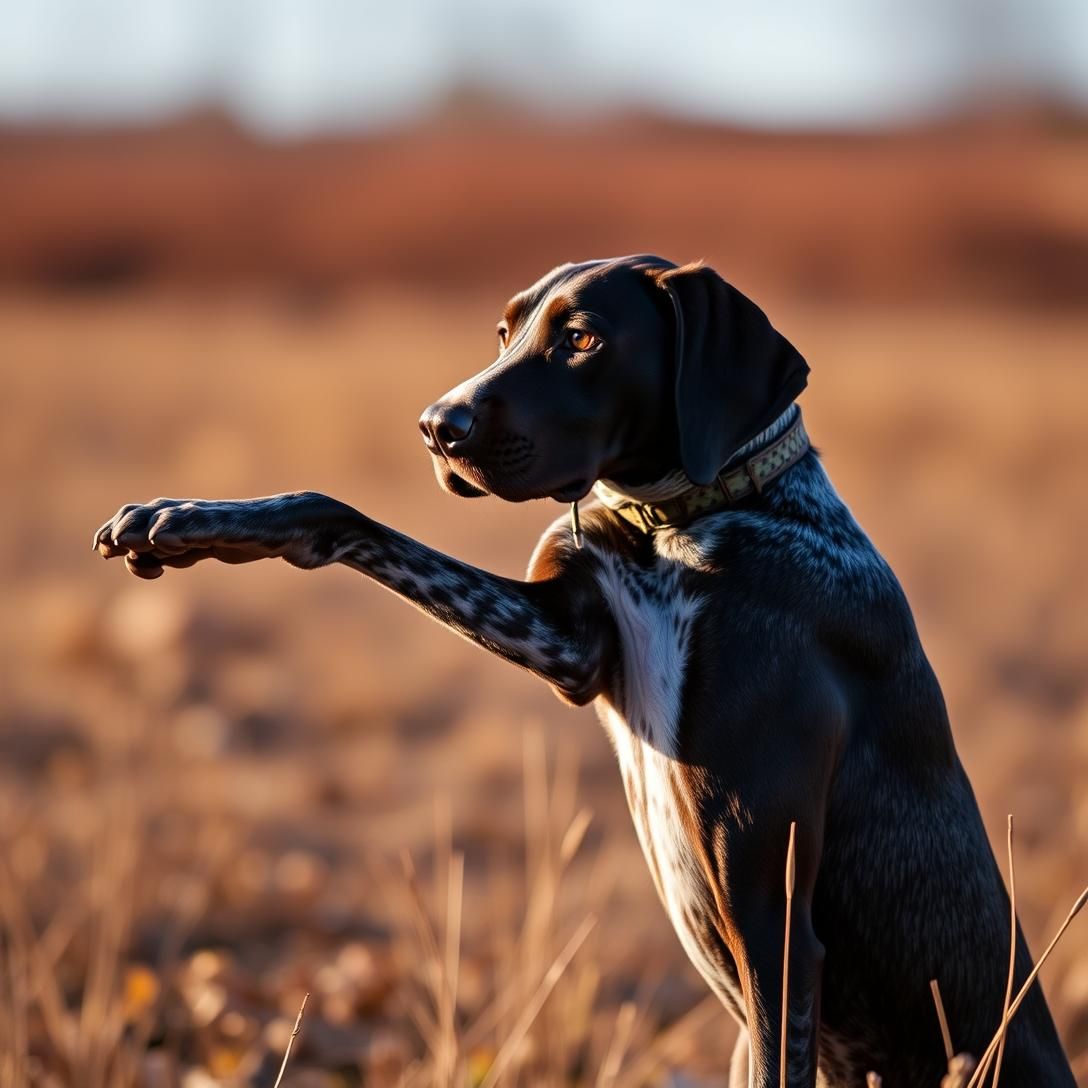 Pointer dog in classic pointing stance, one paw raised, focused on target, autumn field setting, professional hunting dog photography, dramatic lighting, athletic pose, muscular build