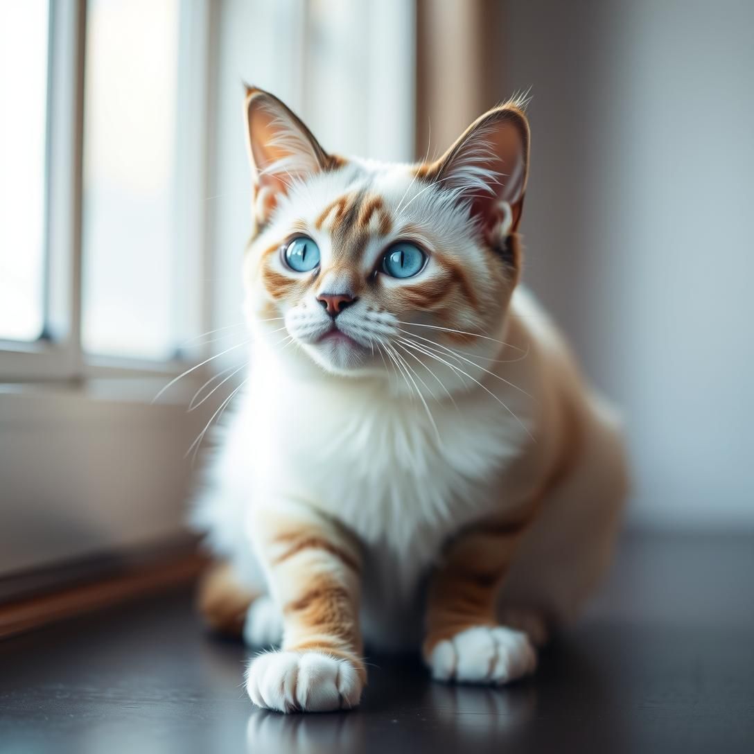 Snowshoe cat with distinctive white paws and blue eyes, sitting pose showing markings, Siamese-type coloring with white points, natural lighting, elegant portrait, photorealistic