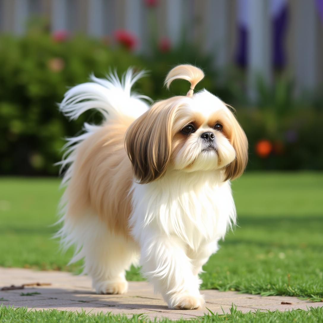 Shih Tzu with long flowing coat and top knot, walking gracefully, elegant grooming, outdoor garden setting, regal appearance, natural daylight, professional show dog quality