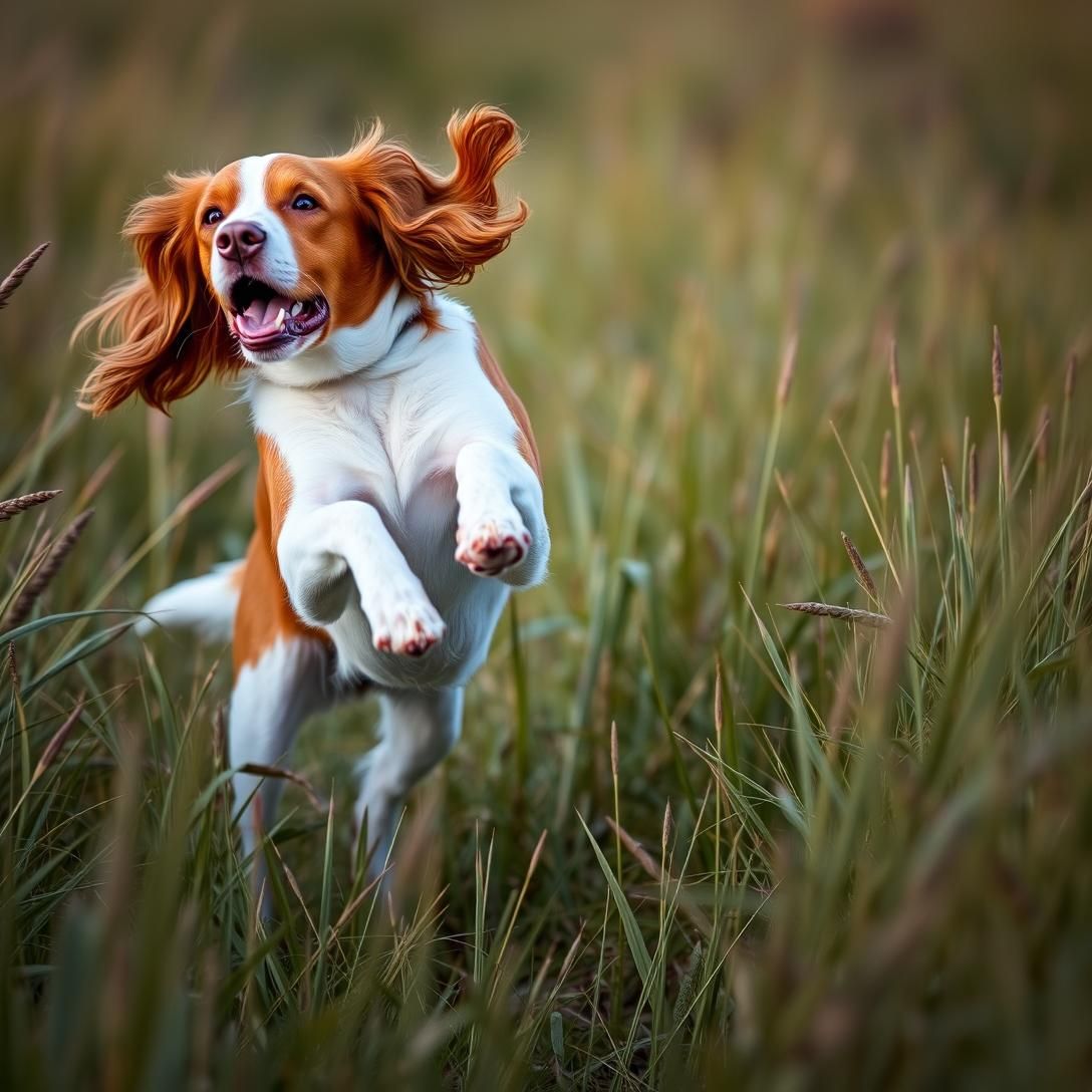 Brittany Spaniel mid-hunt in tall grass, orange and white coat, intense focus, action shot, natural outdoor setting, professional hunting dog photography, athletic movement