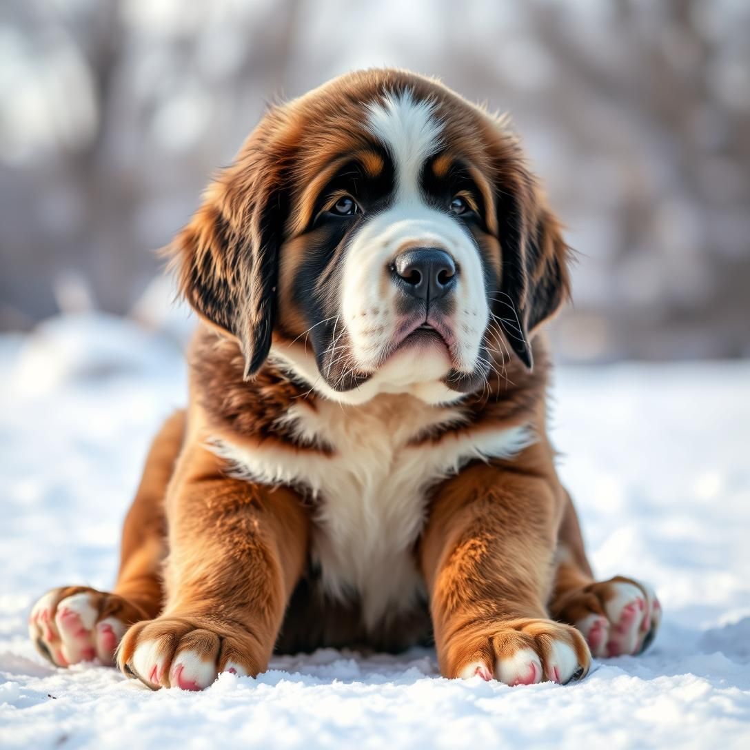 Saint Bernard puppy with massive paws and sweet droopy face, sitting in snow, winter background, gentle giant characteristics already visible, natural lighting, extremely endearing