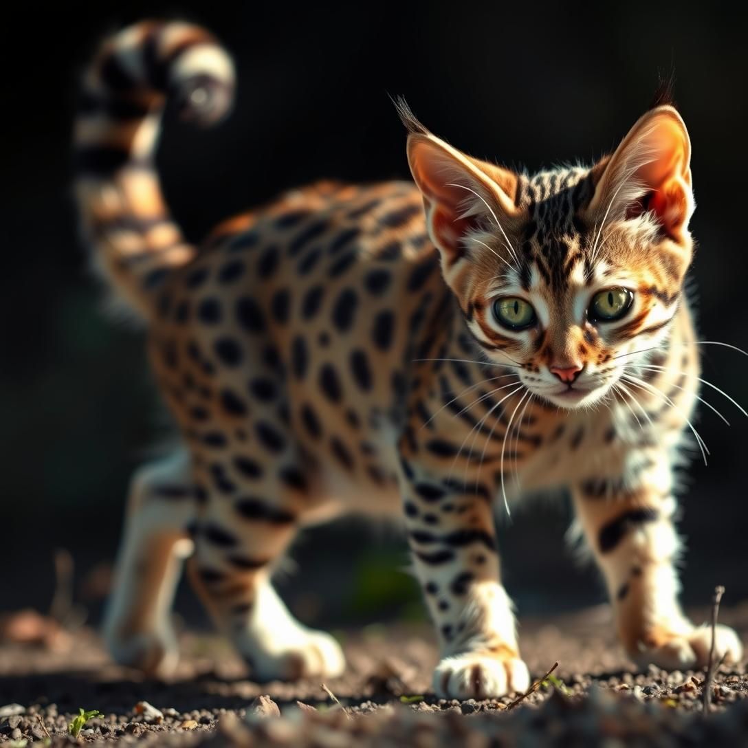 Pixie-Bob cat with spotted coat and bobbed tail, wild appearance, alert pose, natural setting, unique breed features visible, dramatic lighting, photorealistic detail