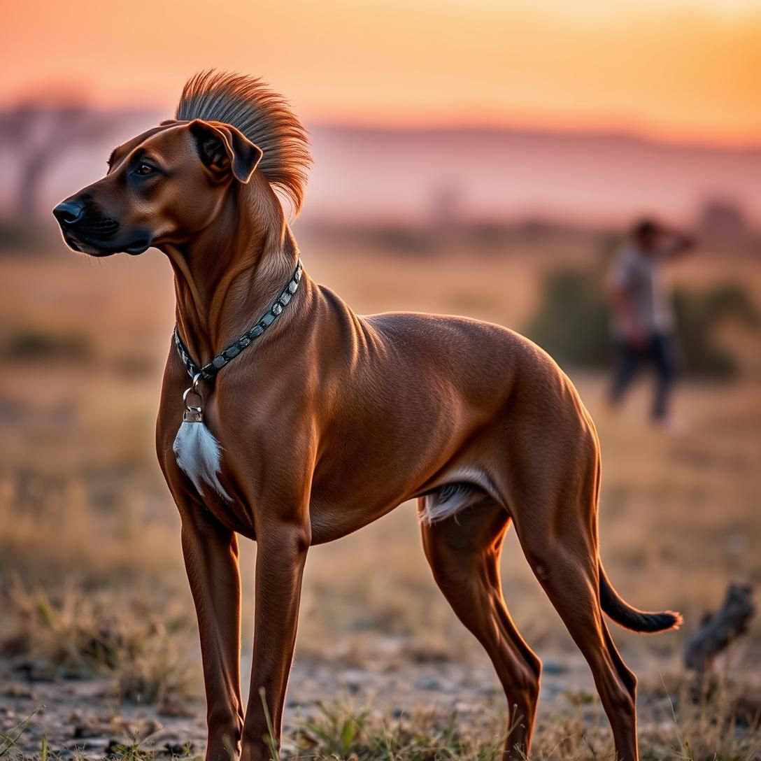 Rhodesian Ridgeback with distinctive ridge of hair on back, standing in African savanna setting, muscular athletic build, golden sunset lighting, powerful presence, professional photography